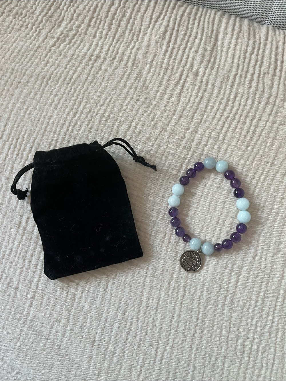 Purple and Light Blue Beaded Bracelet with Pisces Charm